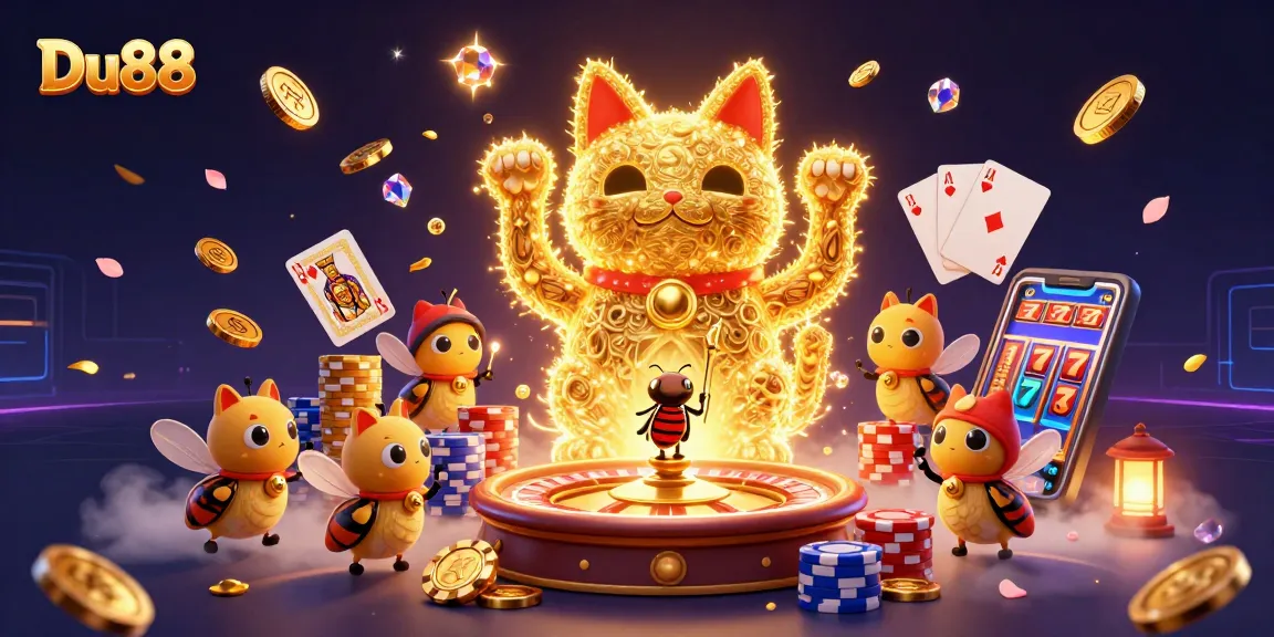 Win big with Du88 in this vibrant 3D casino scene showcasing lucky symbols and golden elements.