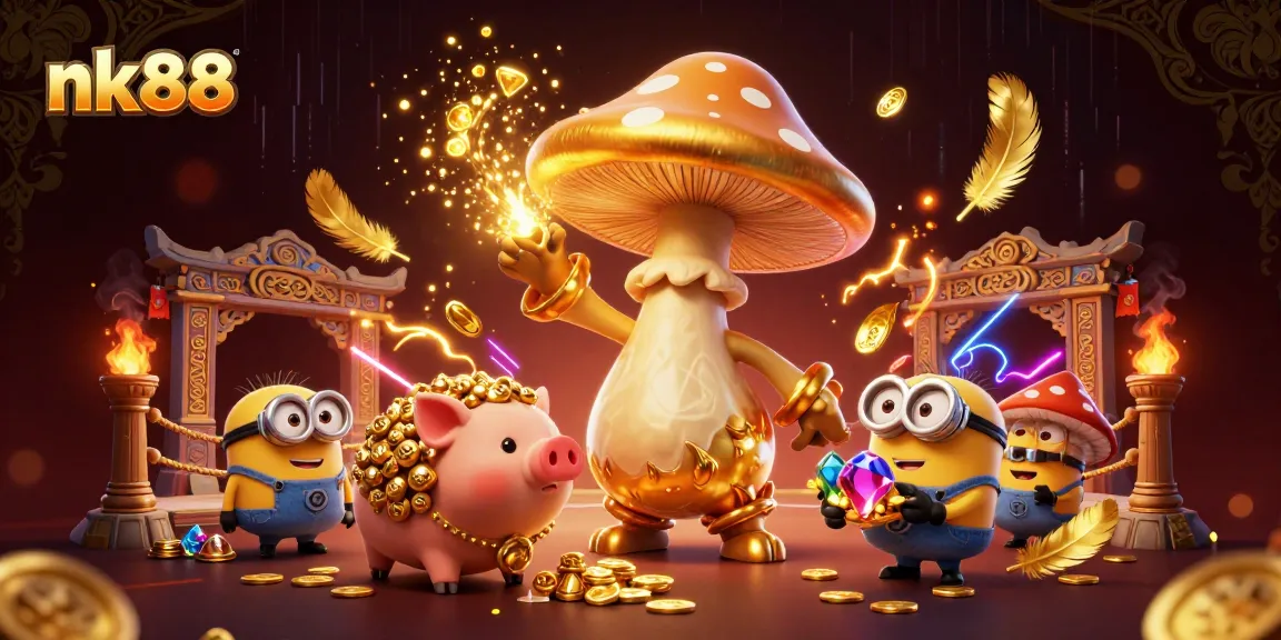 Experience immersive nk88 gameplay with a golden mushroom wizard and treasure-seeking pig in a vibrant casino setting.