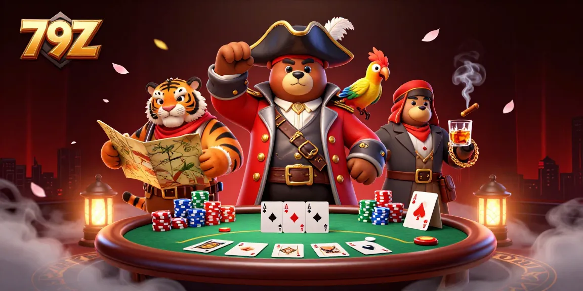 Experience exciting gameplay with 79Z featuring a dynamic poker scene illustrated in a vibrant 3D style.