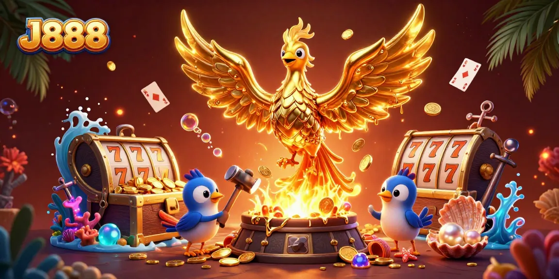 Experience thrilling wins with J888 as the golden phoenix emerges amidst a vibrant casino atmosphere.