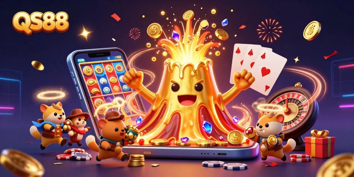 Experience the thrill of QS88 casino with a 3D volcanic eruption of coins, lively characters, and game elements bursting with excitement.