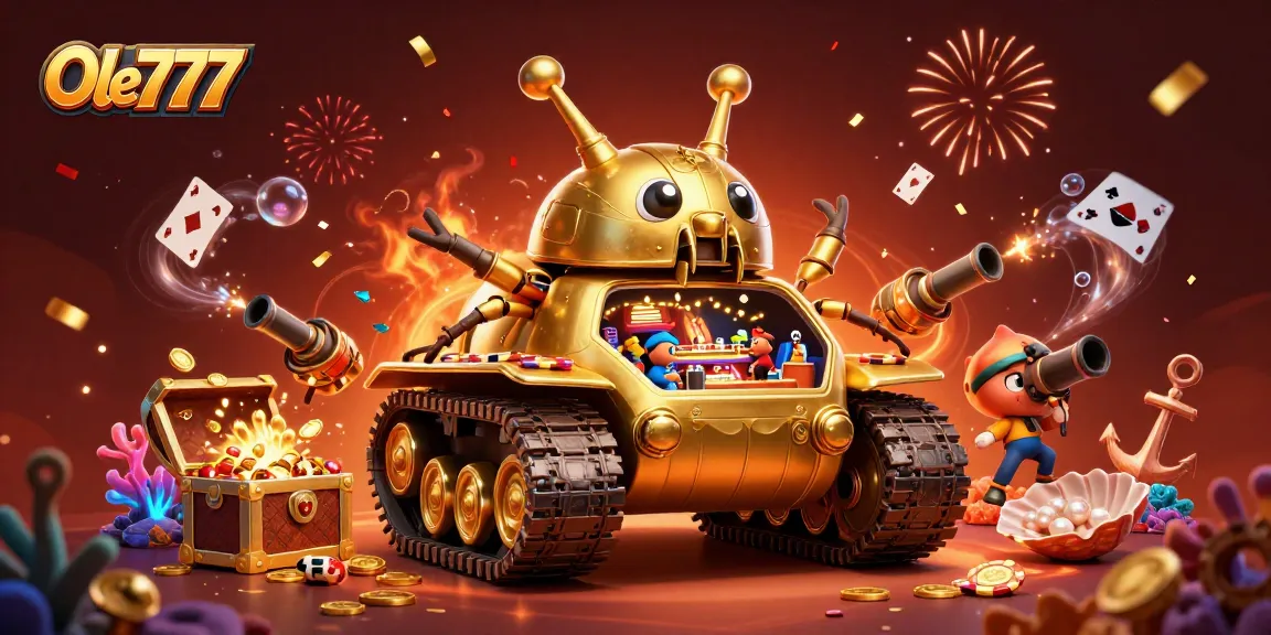 Experience the excitement of Ole777 with a 3D illustration of a whimsical casino tank in a vibrant underwater world.