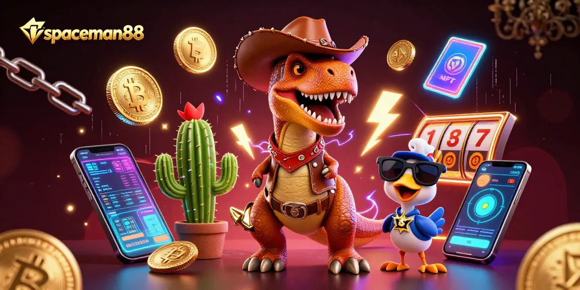 Experience the thrill at spaceman88 with vibrant slot elements in a dynamic 3D casino illustration.